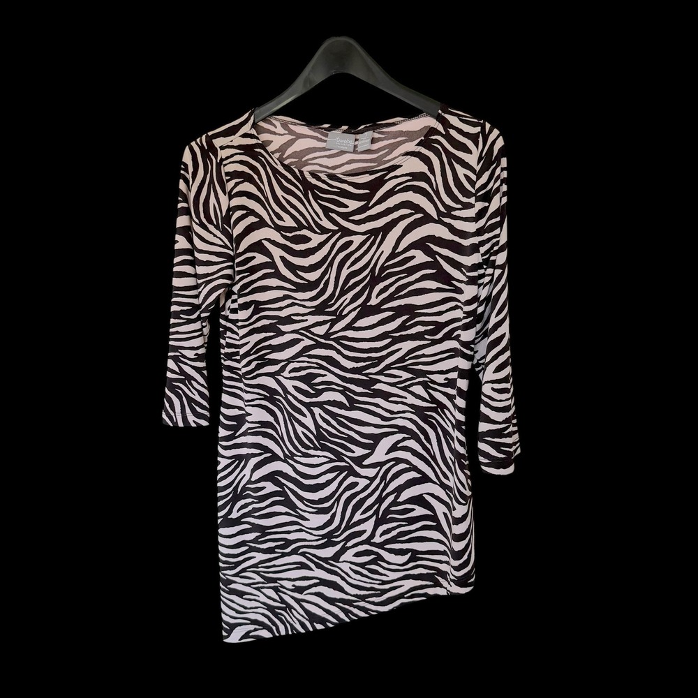 Chicos Travelers Zebra Print Asymmetrical Tunic Top Brown Tan 3/4 Sleeve Size 1